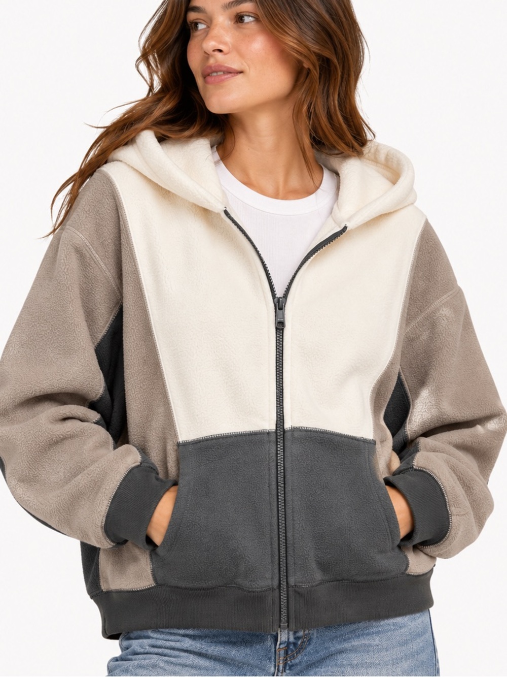 Madewell MWL Betterfleece Colorblock Zip Hoodie Burnished Stone L